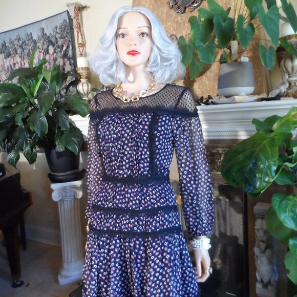 New Diane Von Furstenberg Navy Blue Multi 100% Silk Chiffon Peasant Dress Size 2 - Picture 4 of 16